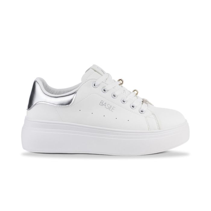 Sneakers bianche e argento da donna con suola platform e scritta logo laterale