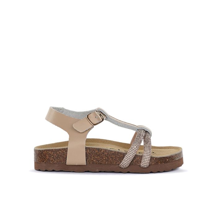Sandali da bimba beige in pelle con micro strass e fondo effetto sughero