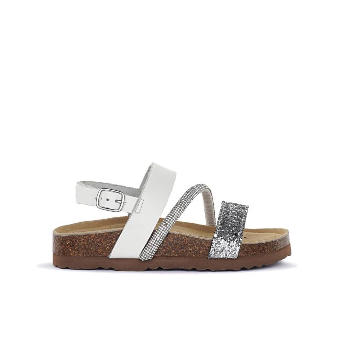 Sandali da bimba bianchi e micro strass argento in pelle con fondo effetto sughero
