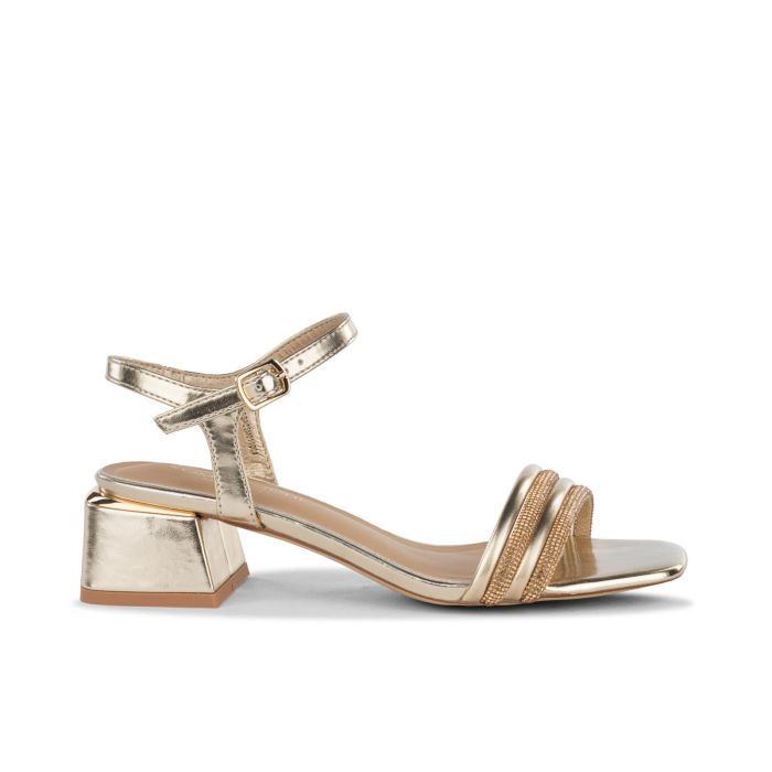 Sandali oro da donna in pelle con tacco basso largo e dettaglio strass