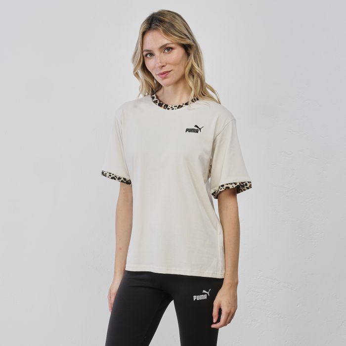T-shirt sportiva beige da donna con dettaglio animalier