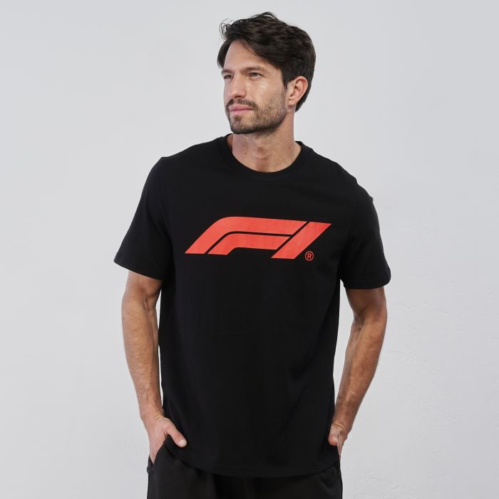T-shirt sportiva nera da uomo con maniche corte e stampa Formula 1