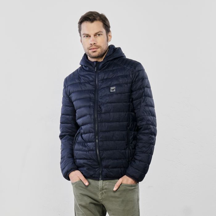 Piumino leggero blu scuro con tasche e cappuccio