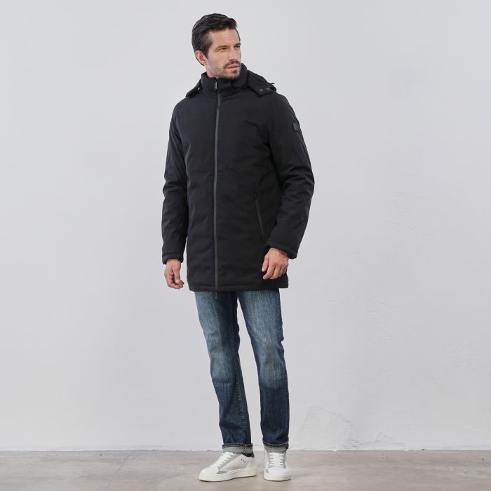 Giacca lunga nera da uomo con zip