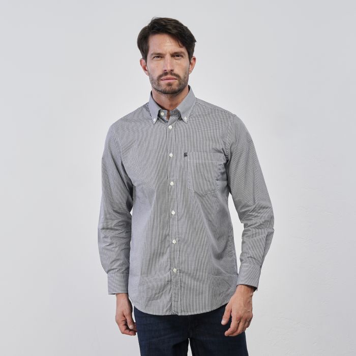 Camicia blu in cotone da uomo micro fantasia a quadretti