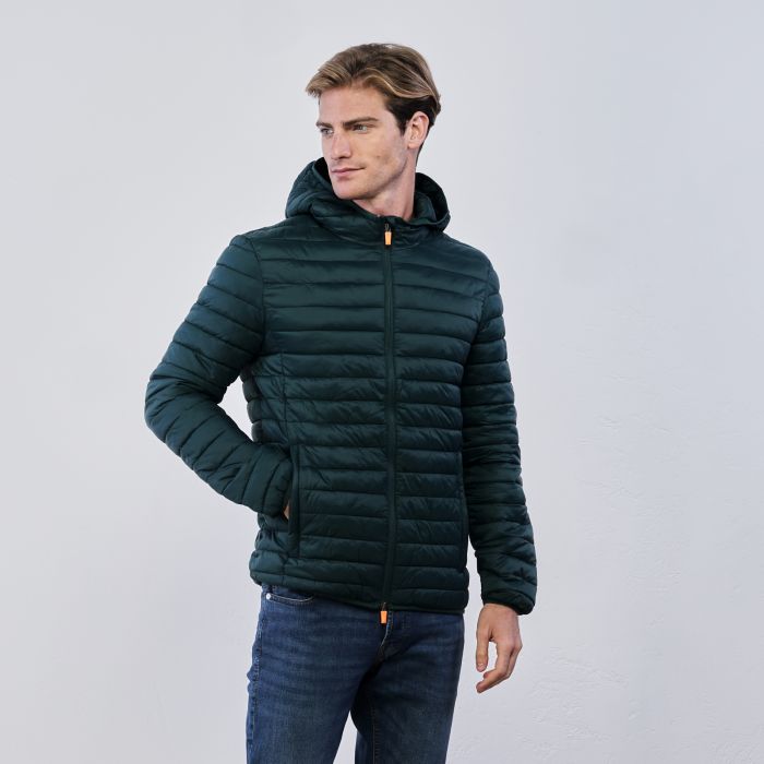 Piumino verde da uomo con cappuccio