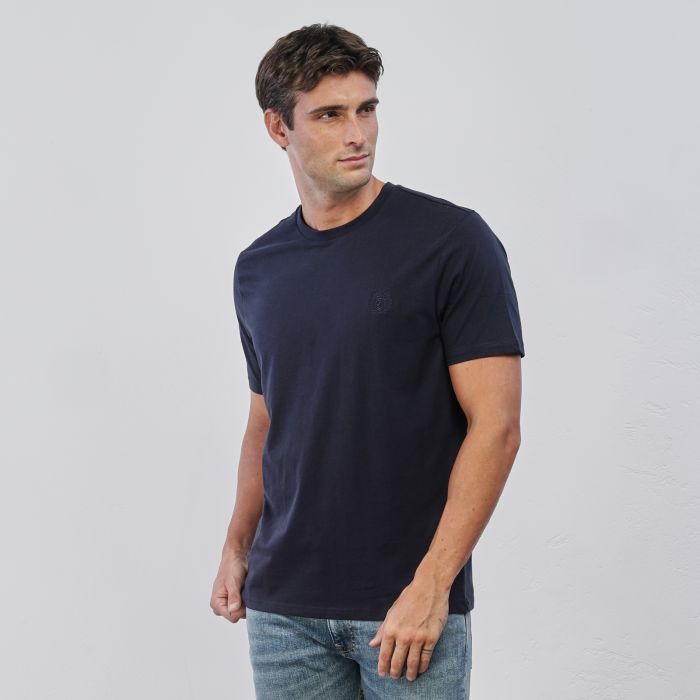 T-shirt blu da uomo in cotone con maniche corte e logo ricamato
