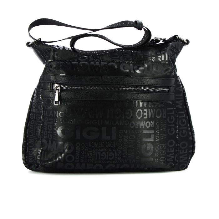 Borsa morbida nera con tracolla e stampa con scritte