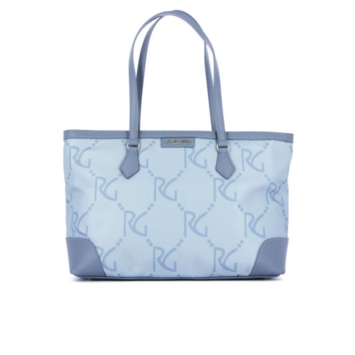 Shopper azzurra in tessuto con maxi loghi