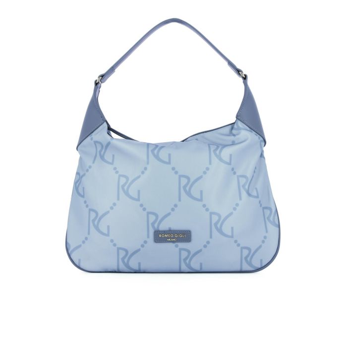 Hobo bag azzurra in tessuto con stampa maxi loghi