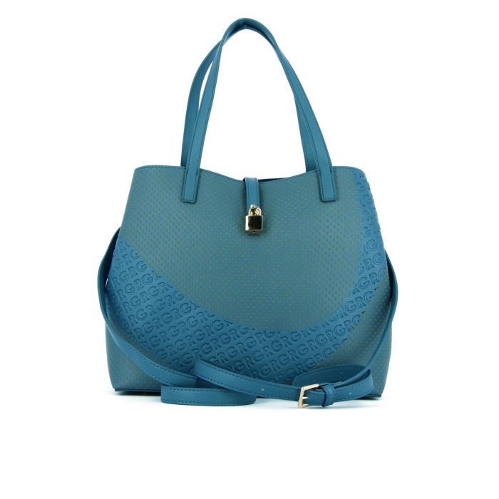 Shopper azzurra effetto traforato con tracolla removibile
