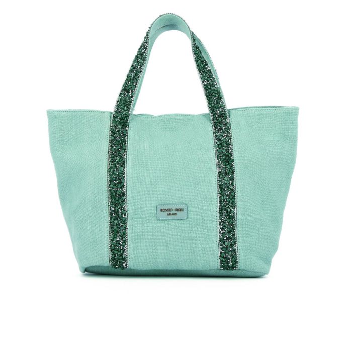 Shopper verde acqua in tessuto con manici decorati
