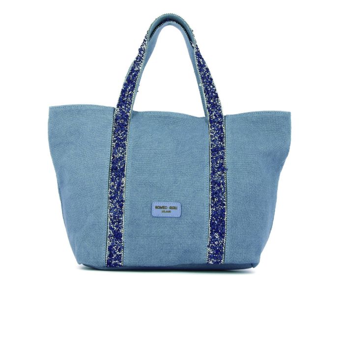 Shopper blu in tessuto con manici decorati