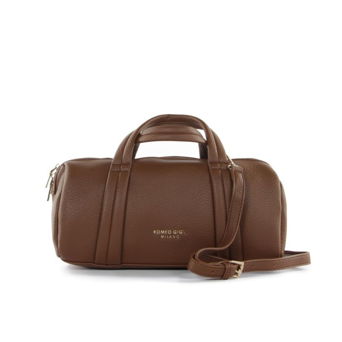 Bauletto cilindrico marrone con tracolla removibile e logo