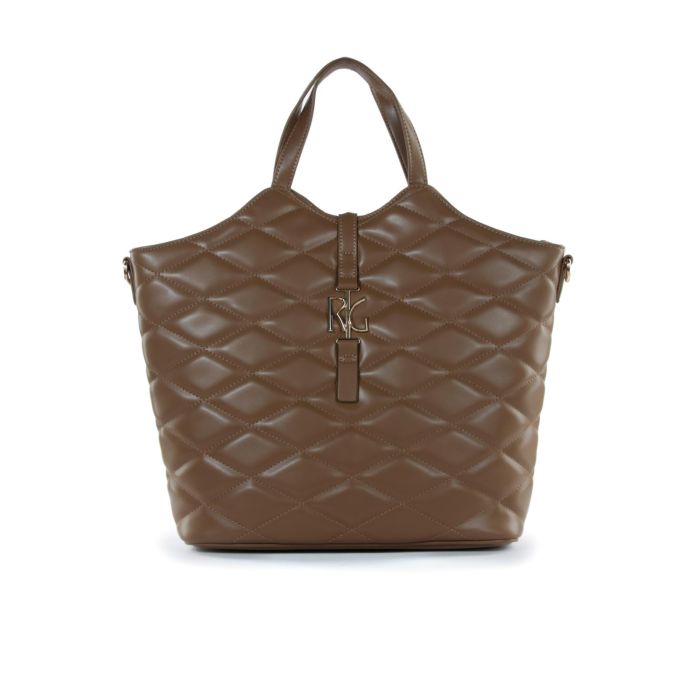 Borsa a mano marrone effetto trapuntato con logo e tracolla removibile