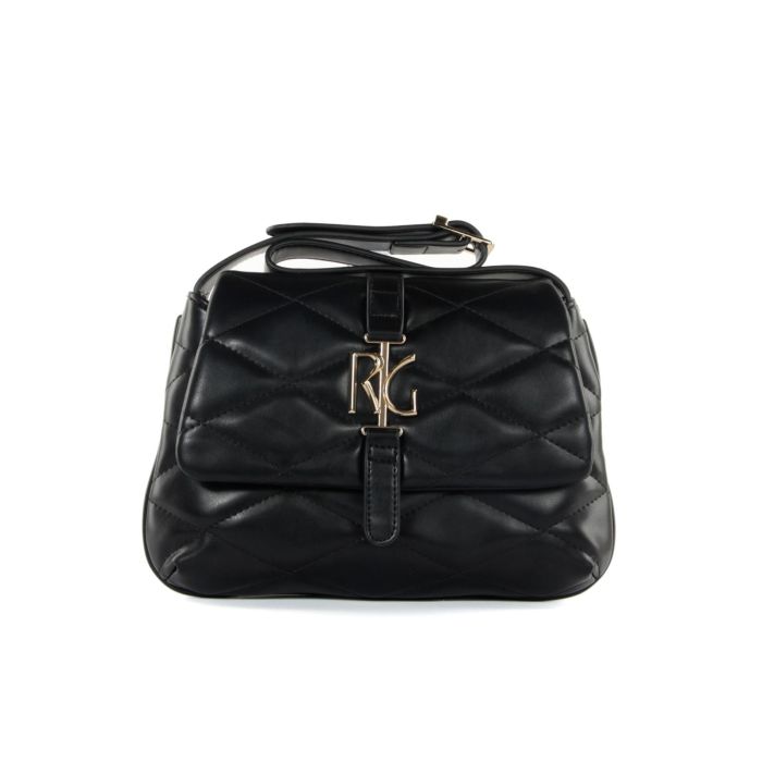 Borsa nera a spalla effetto trapuntato con maxi logo