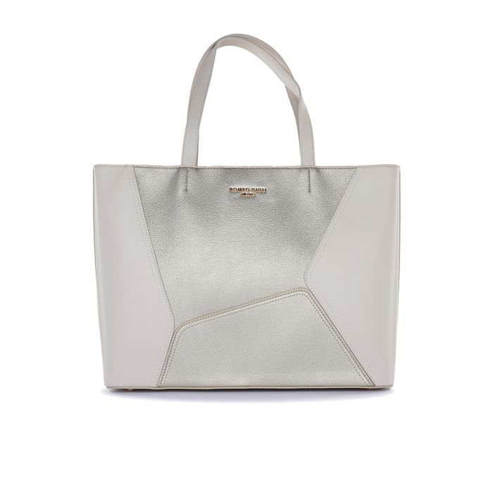 Shopper beige con inserto effetto laminato