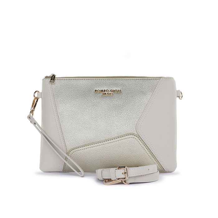Pochette beige da donna con laccetto, inserto laminato e tracolla removibile