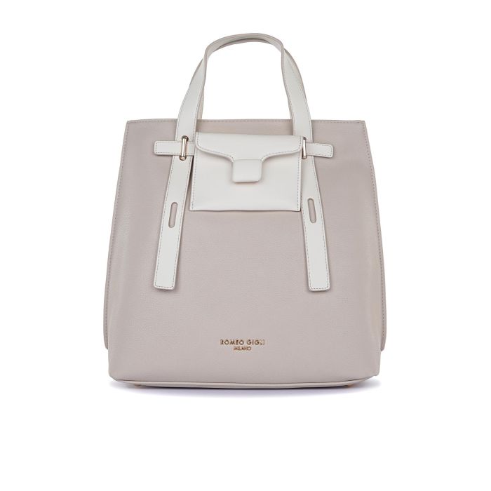 Borsa beige da donna con taschina frontale e manico a contrasto