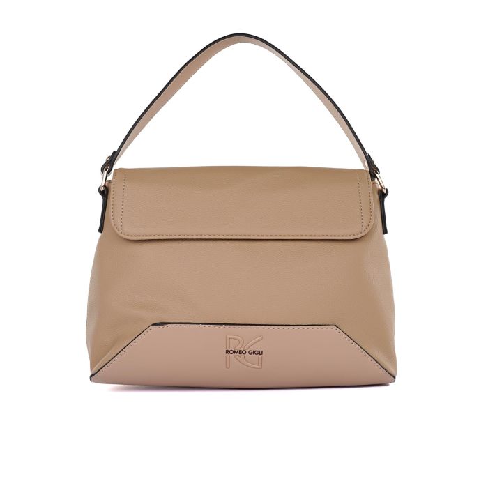 Borsa beige da donna con manico e patta frontale