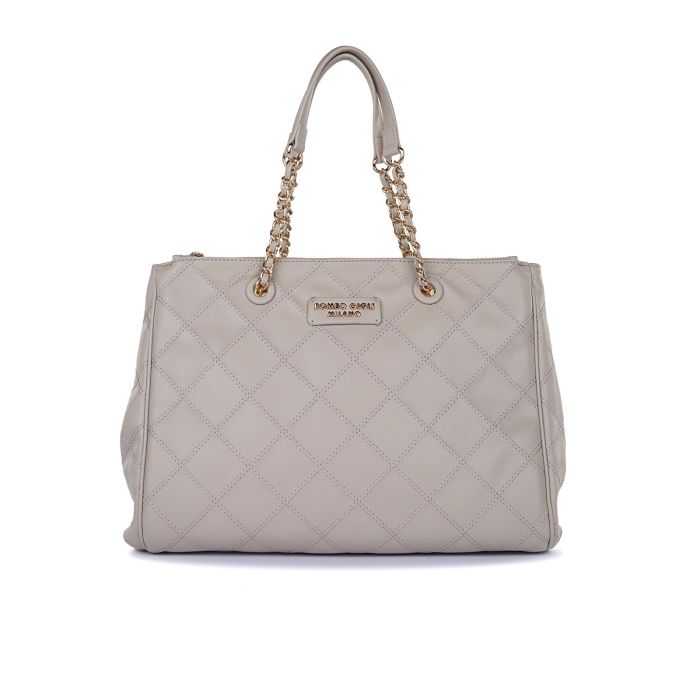 Shopper beige da donna effetto trapuntato con doppio manico e logo