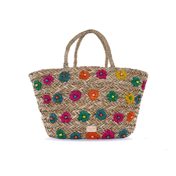 Borsa mare beige da donna in paglia con dettaglio fiori applicati