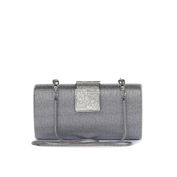 Pochette argento da donna con chiusura con strass e tracolla removibile in catena