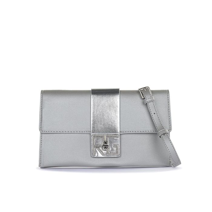 Pochette argento da donna con maxi logo con strass e tracolla