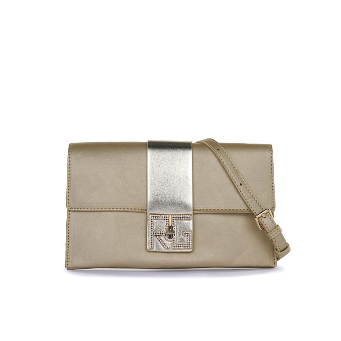 Pochette oro da donna con maxi logo con strass e tracolla