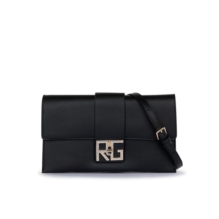 Pochette nera da donna con maxi logo con strass e tracolla