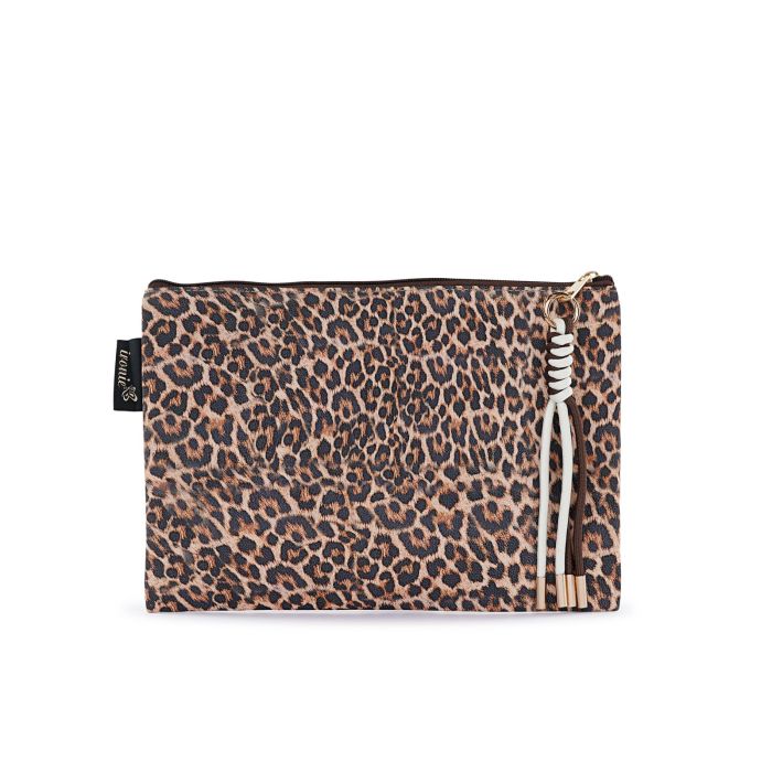 Pochette mare marrone da donna in tessuto con stampa animalier