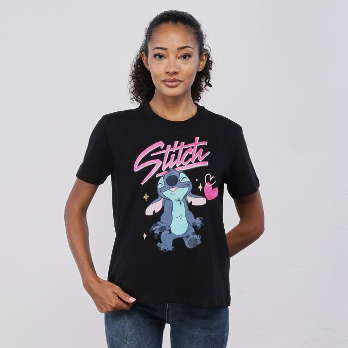 T-shirt nera maniche corte da donna con stampa cartoon Stitch