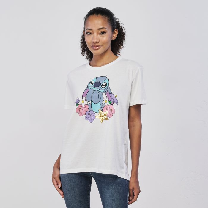 T-shirt bianca maniche corte da donna con stampa cartoon Stitch