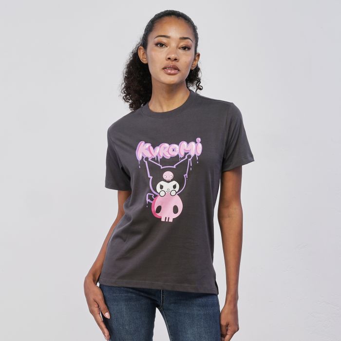 T-shirt grigia maniche corte da donna con stampa cartoon Kuromi