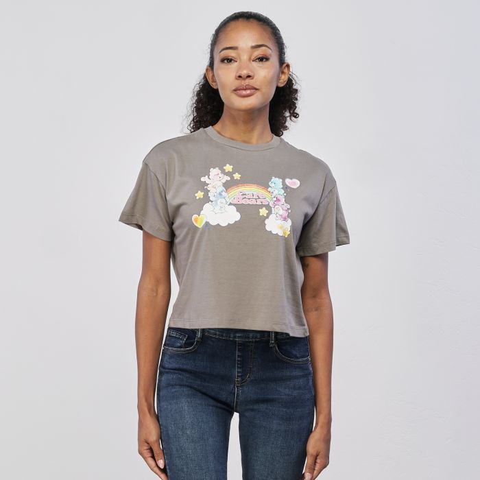 T-shirt cropped grigia maniche corte da donna con stampa cartoon