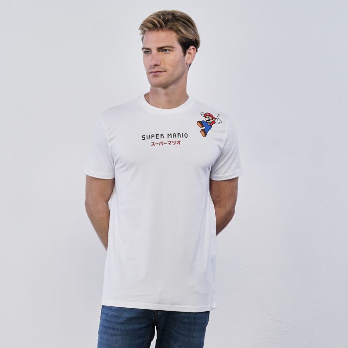 T-shirt bianca da uomo maniche corte stampa cartoon Super Mario