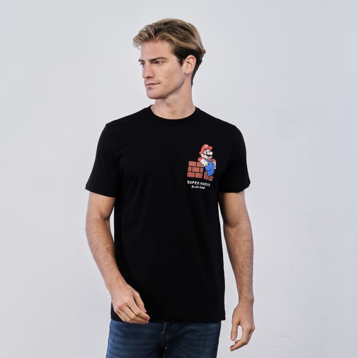 T-shirt nera da uomo maniche corte stampa cartoon Super Mario