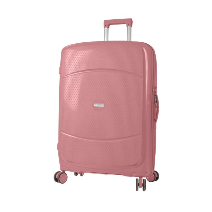 Trolley grande rigido rosa con quattro ruote e chiusura a lucchetto con combinazione