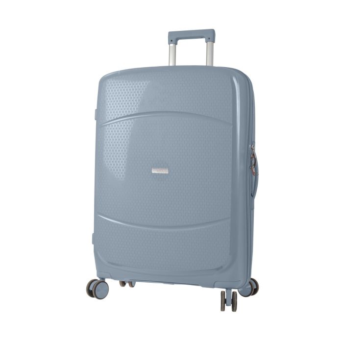 Trolley grande rigido grigio con quattro ruote e chiusura a lucchetto con combinazione