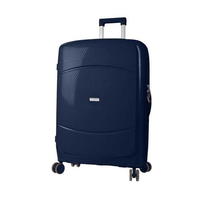 Trolley grande rigido blu con quattro ruote e chiusura a lucchetto con combinazione