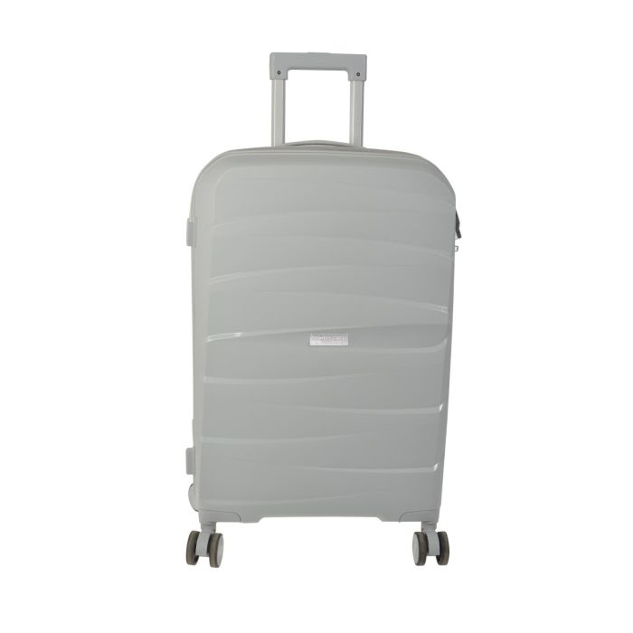 Trolley grande rigido grigio con quattro ruote e chiusura a lucchetto con combinazione