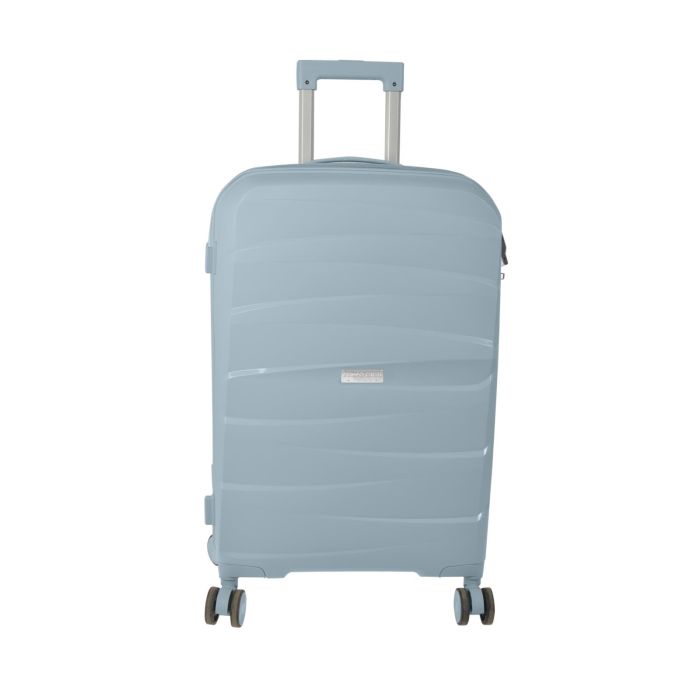 Trolley medio rigido grigio scuro con quattro ruote e chiusura a lucchetto con combinazione