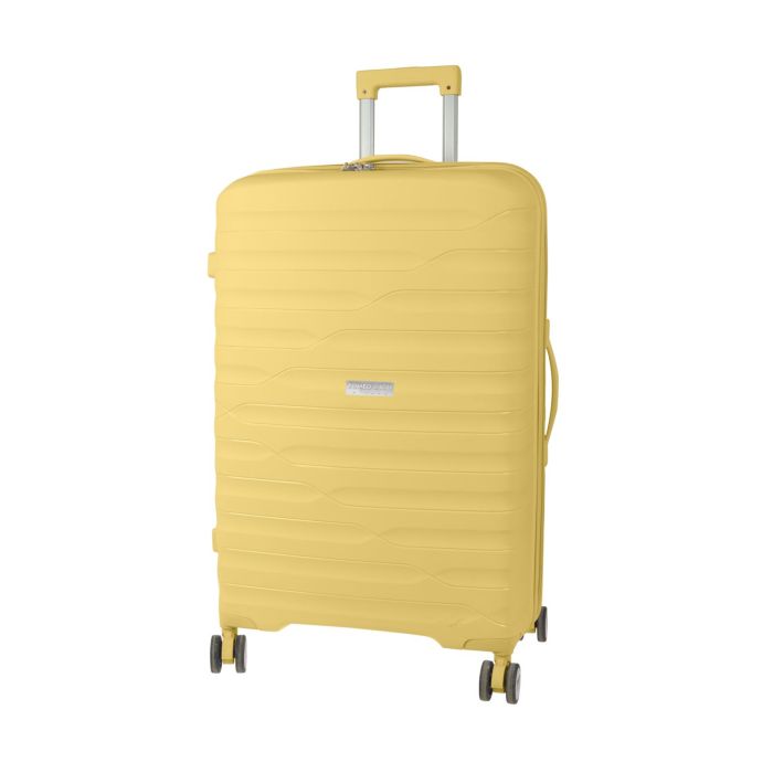 Trolley grande rigido giallo con quattro ruote e chiusura con lucchetto a combinazione