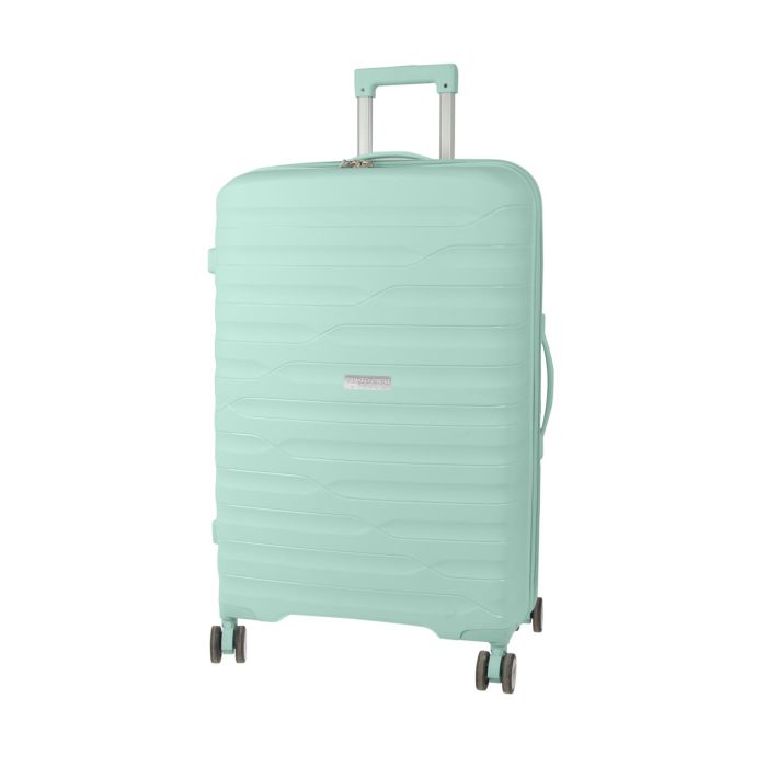 Trolley medio rigido verde acqua con quattro ruote e chiusura con lucchetto a combinazione