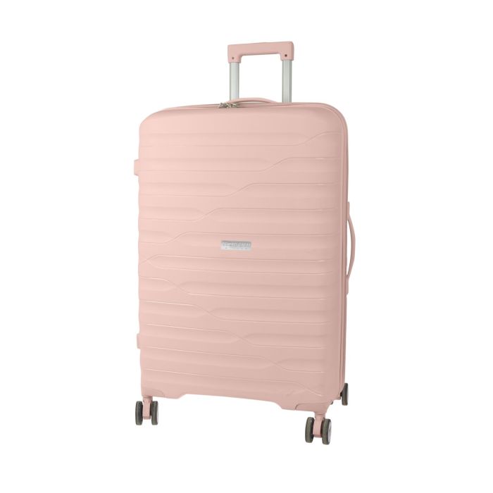 Trolley medio rigido rosa con quattro ruote e chiusura con lucchetto a combinazione