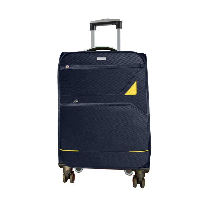 Trolley grande morbido blu con quattro ruote e chiusura a lucchetto con combinazione